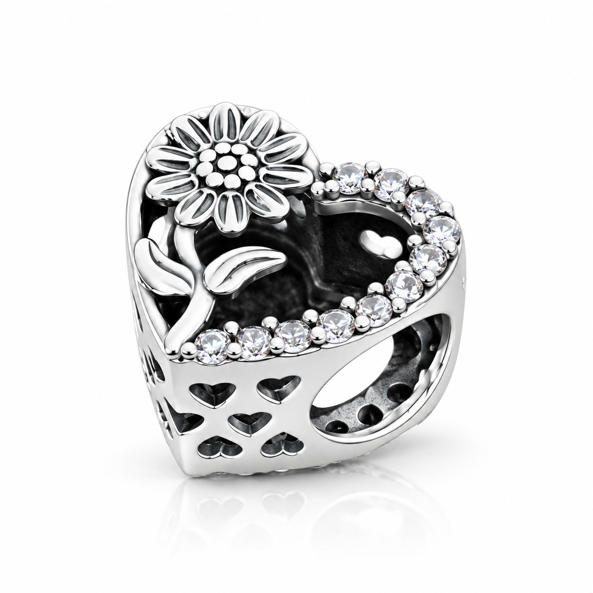 Charm „Inimă de Soare” din argint 925, cu floarea-soarelui și pietre strălucitoare, compatibil Pandora. T243