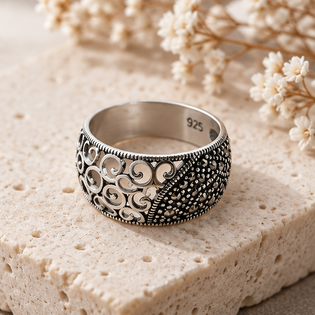 Inel „Éloïse” din argint 925 cu marcasite și arabescuri ajurate – 10 mm. ID578