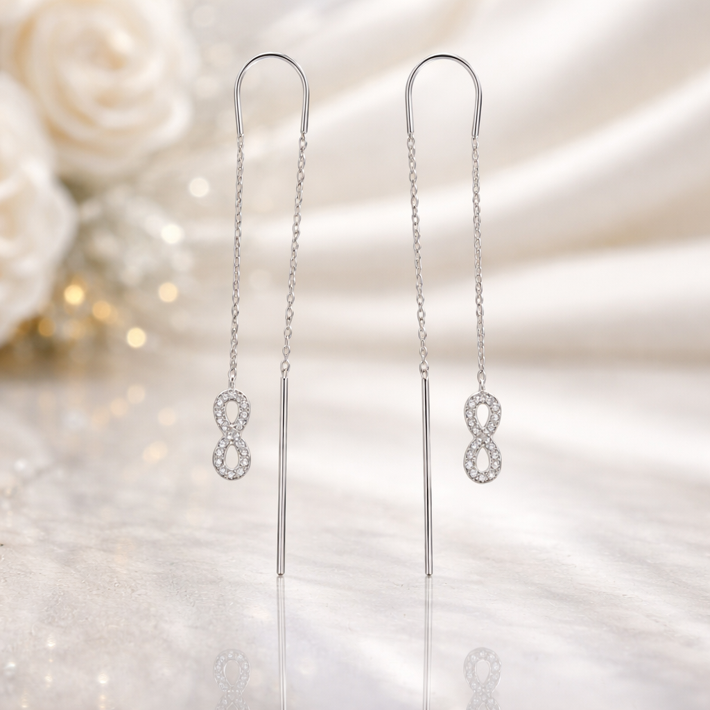 Cercei Lungi Tip Threader din Argint 925 cu Simbol Infinit și Zirconii – Eleganță Minimalistă Premium, 7.5 cm, Infinity Earrings Romania. CD567