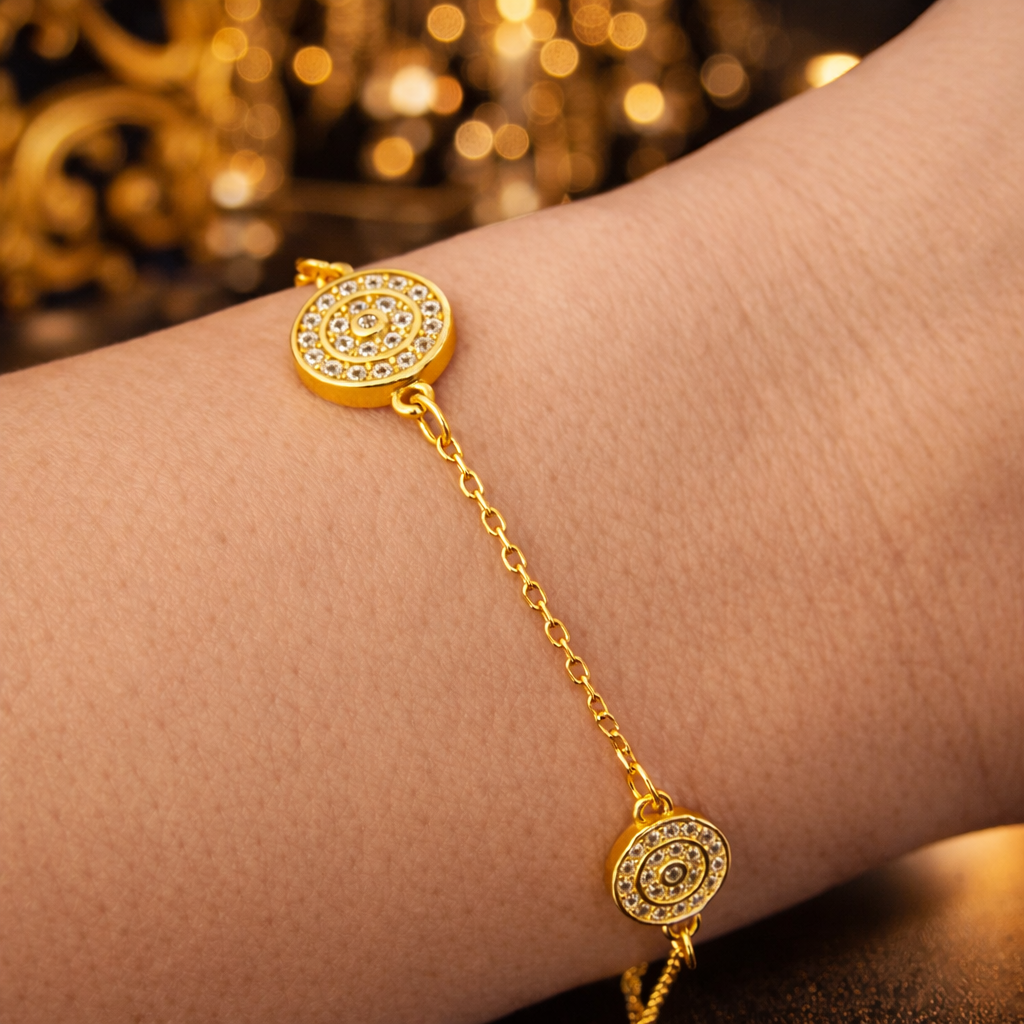 Brățară Elegantă Argint 925 Placată cu Aur 14K cu Zirconii – Model Cercuri Strălucitoare, Reglabilă 18+3 cm, 2.95g. BD399