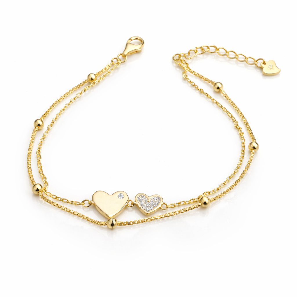 Brățară din Argint 925 Placată cu Aur 18K cu Inimi și Zirconii – Brățară Dublă Elegantă pentru Femei, Lungime Ajustabilă 18+3 cm