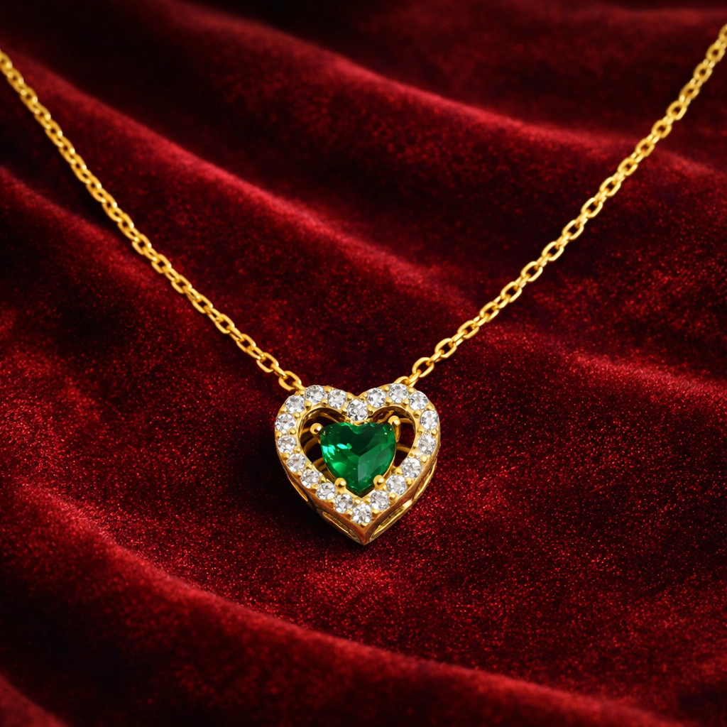 Colier Argint 925 Placat cu Aur 14K cu Pandantiv Inimă Verde 9 mm și Zirconii – Lănțișor Fin Reglabil 40+5 cm. C196