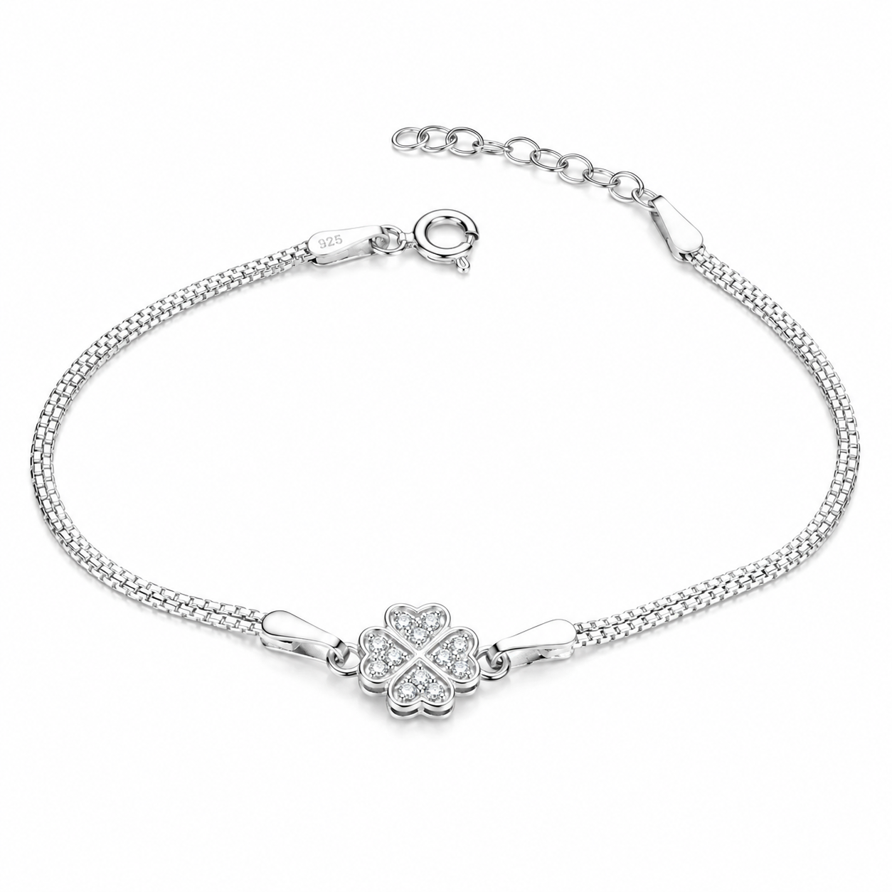Brățară din Argint 925 „Norocul Anei” – Model cu Două Fire și Trifoi cu Zirconii. BD446