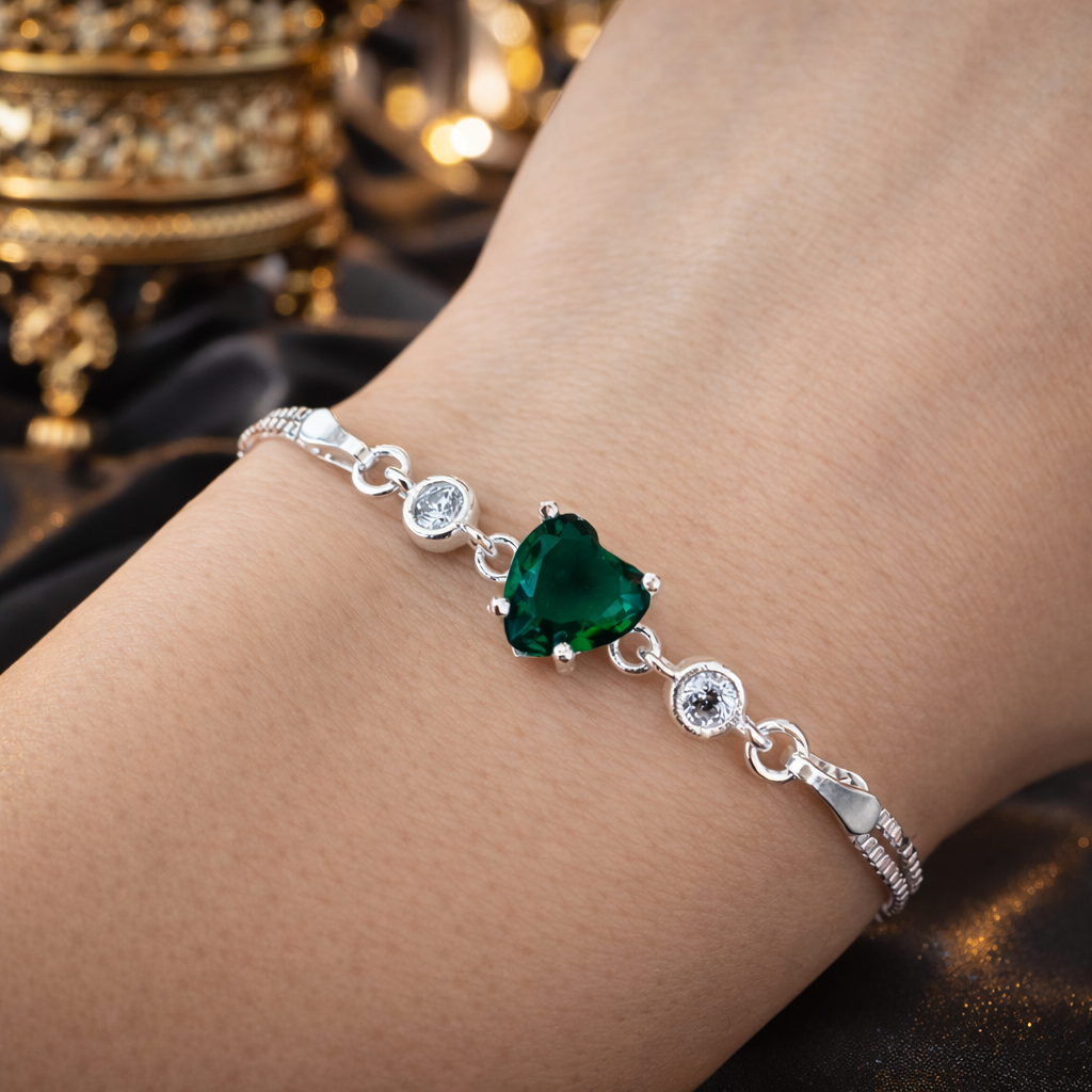 Brățară din Argint 925 cu Inimă Verde 8 mm și Zirconii – Reglabilă 17+3 cm, Model Elegant cu Lanț Dublu. BD412