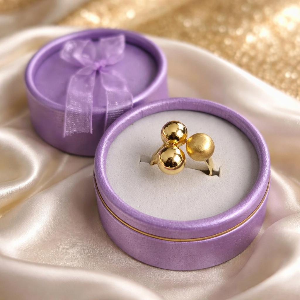 Inel Reglabil din Argint 925 Placat cu Aur 14K cu Biluțe de 8 mm – Inel Elegant Modern pentru Femei, Mărime Ajustabilă