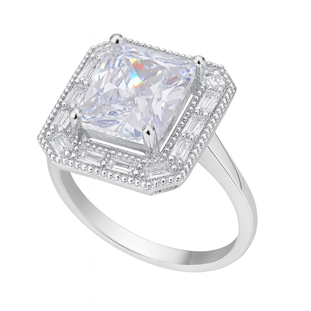 Inel Elegant din Argint 925 cu Piatra Patrata Tip Diamant, Stil Vintage, Mărime 15