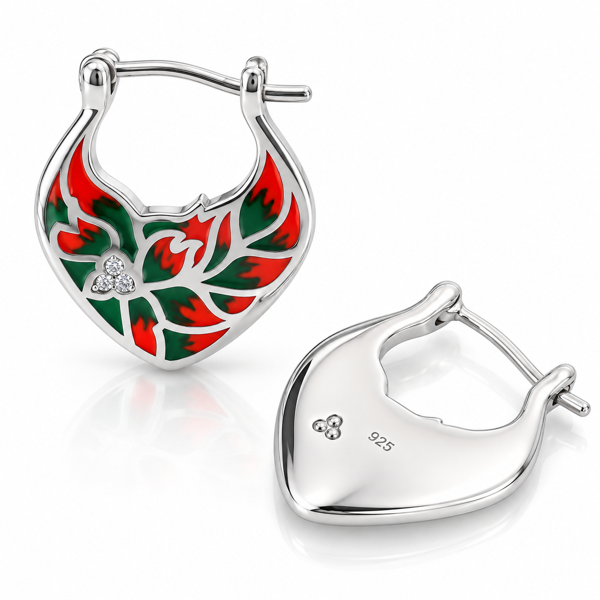 Cercei Damă din Argint 925 cu Email Roșu și Verde, Model Floral Tradițional și Zirconii – Eleganță cu Personalitate. CD475