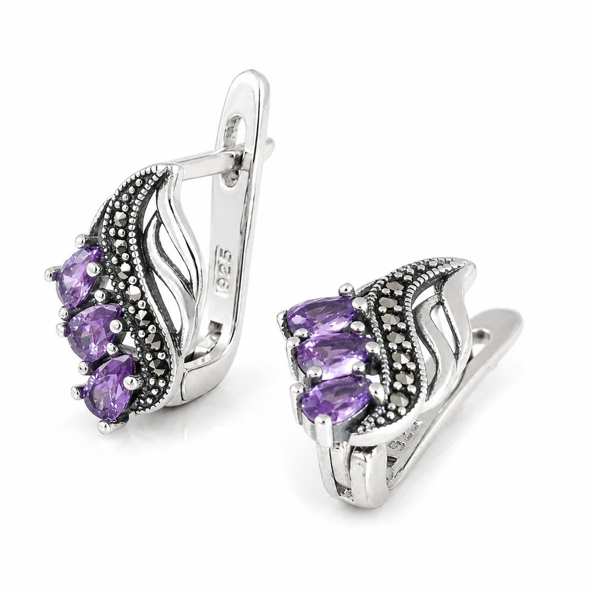 Cercei Damă din Argint 925 „Amalia” cu Pietre Mov și Marcasite – Eleganță Vintage. CD649