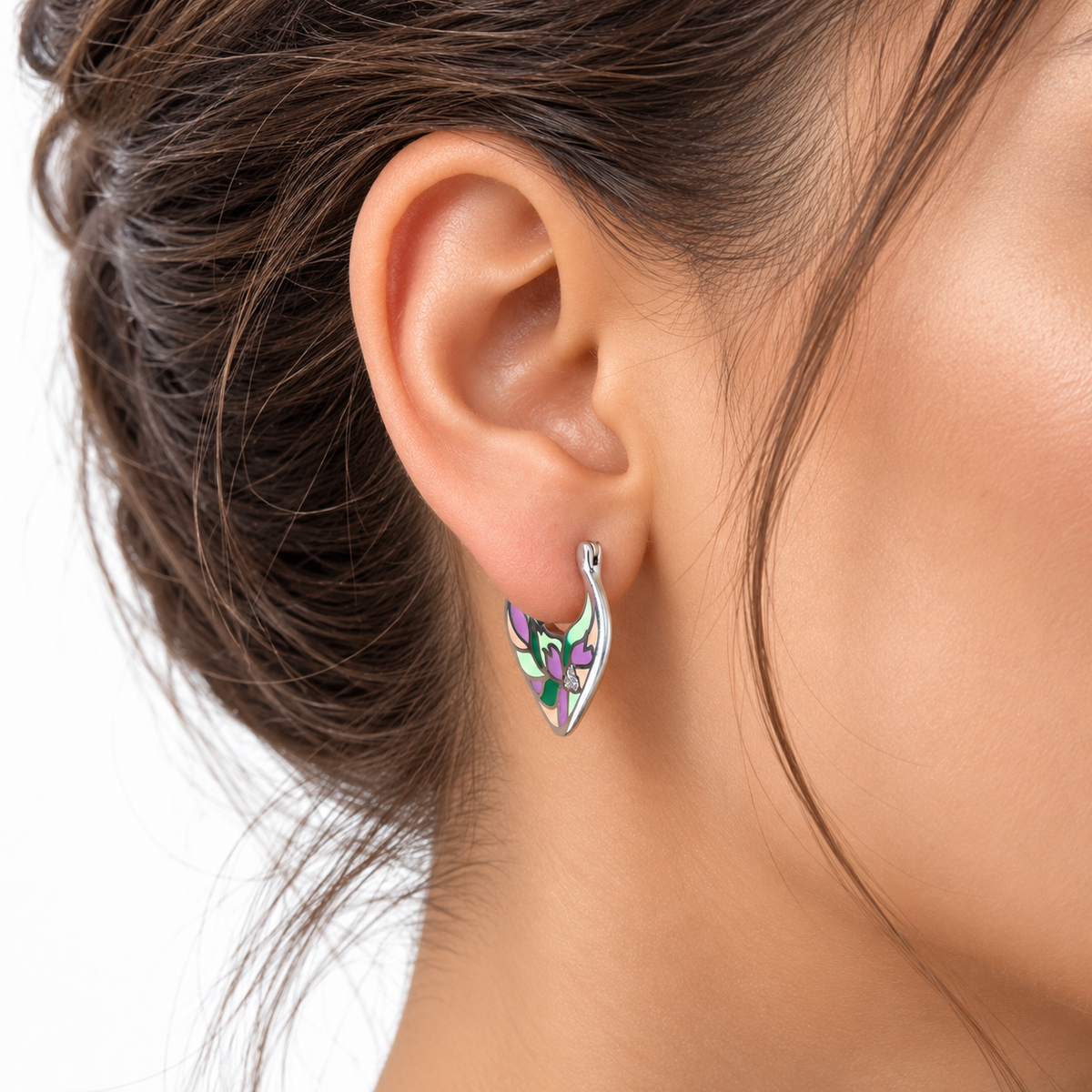 Cercei Damă din Argint 925 cu Email Floral Multicolor și Zirconii – Model Elegant Floare, Mov și Verde. CD475