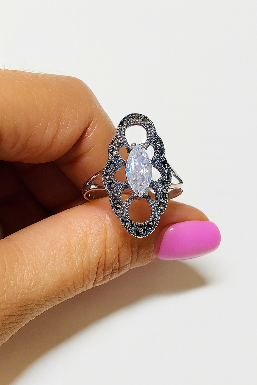 Inel de argint 925 cu zirconiu marquise și marcasite, mărimea 22