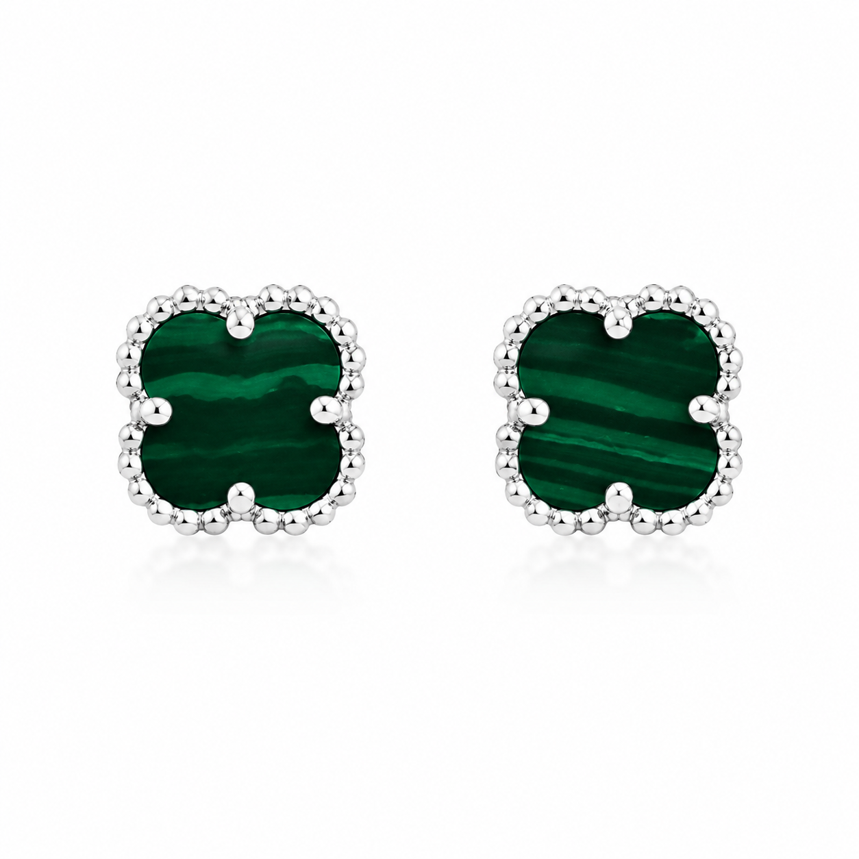 Cercei din Argint 925 cu Malachit Verde Tip Van Cleef 7x7 mm – Închidere cu Șurub. CD378