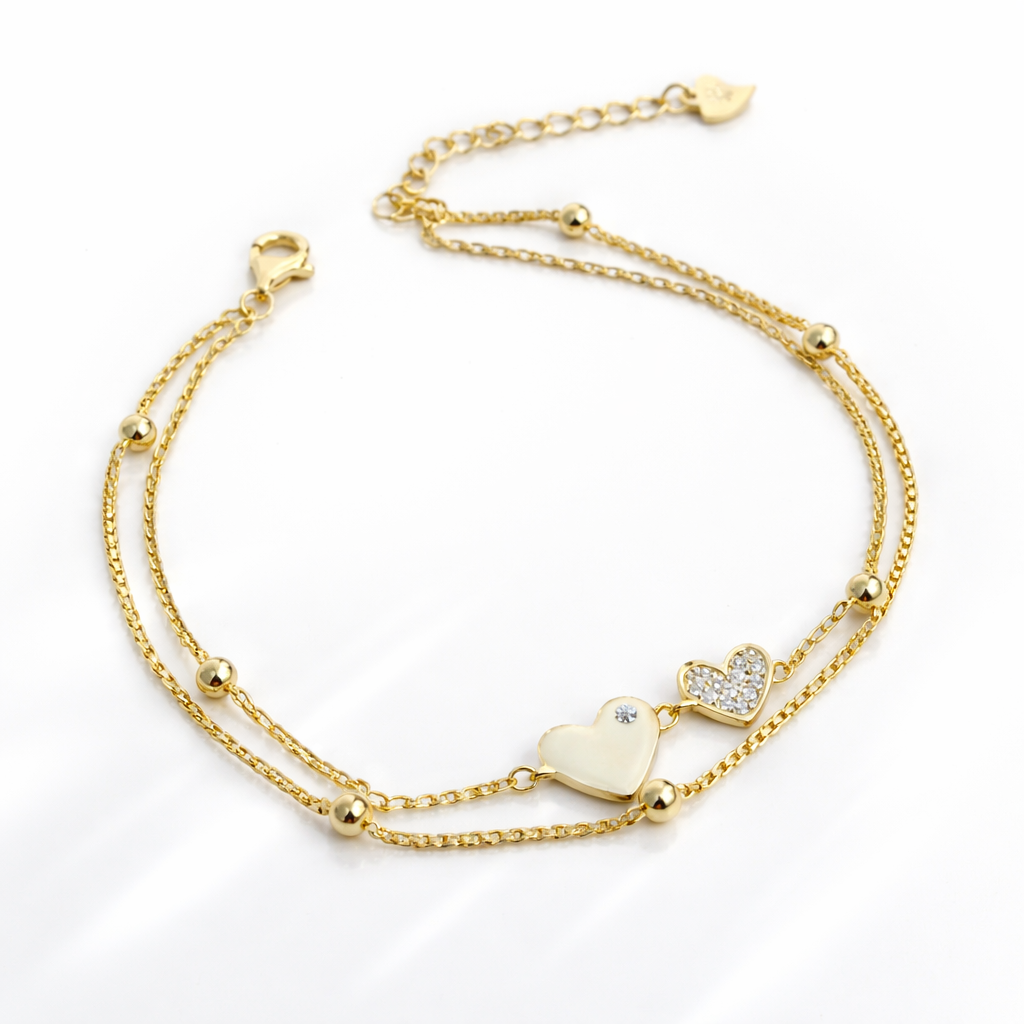 Brățară din Argint 925 Placată cu Aur 18K cu Inimi și Zirconii – Brățară Dublă Elegantă pentru Femei, Lungime Ajustabilă 18+3 cm