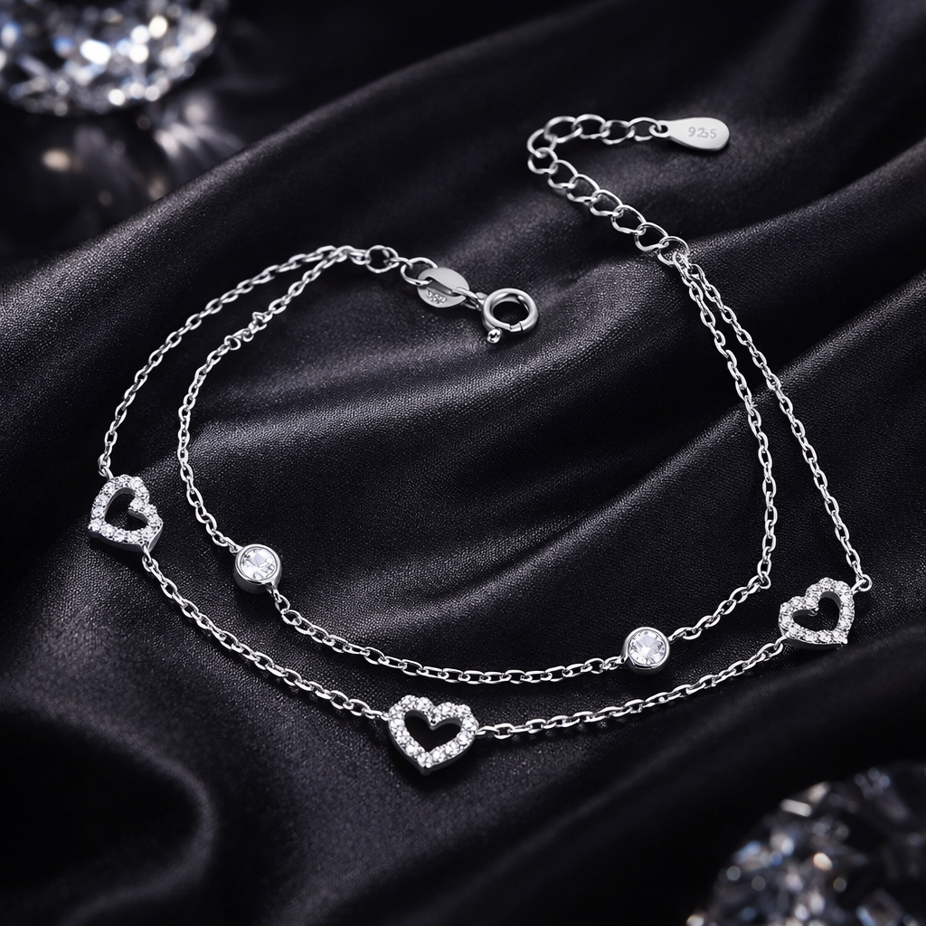 Brățară Argint 925 Rodiat cu Inimioare și Cristale Zirconia, Fir Dublu Elegant, Lungime Reglabilă 17+3 cm. BD397