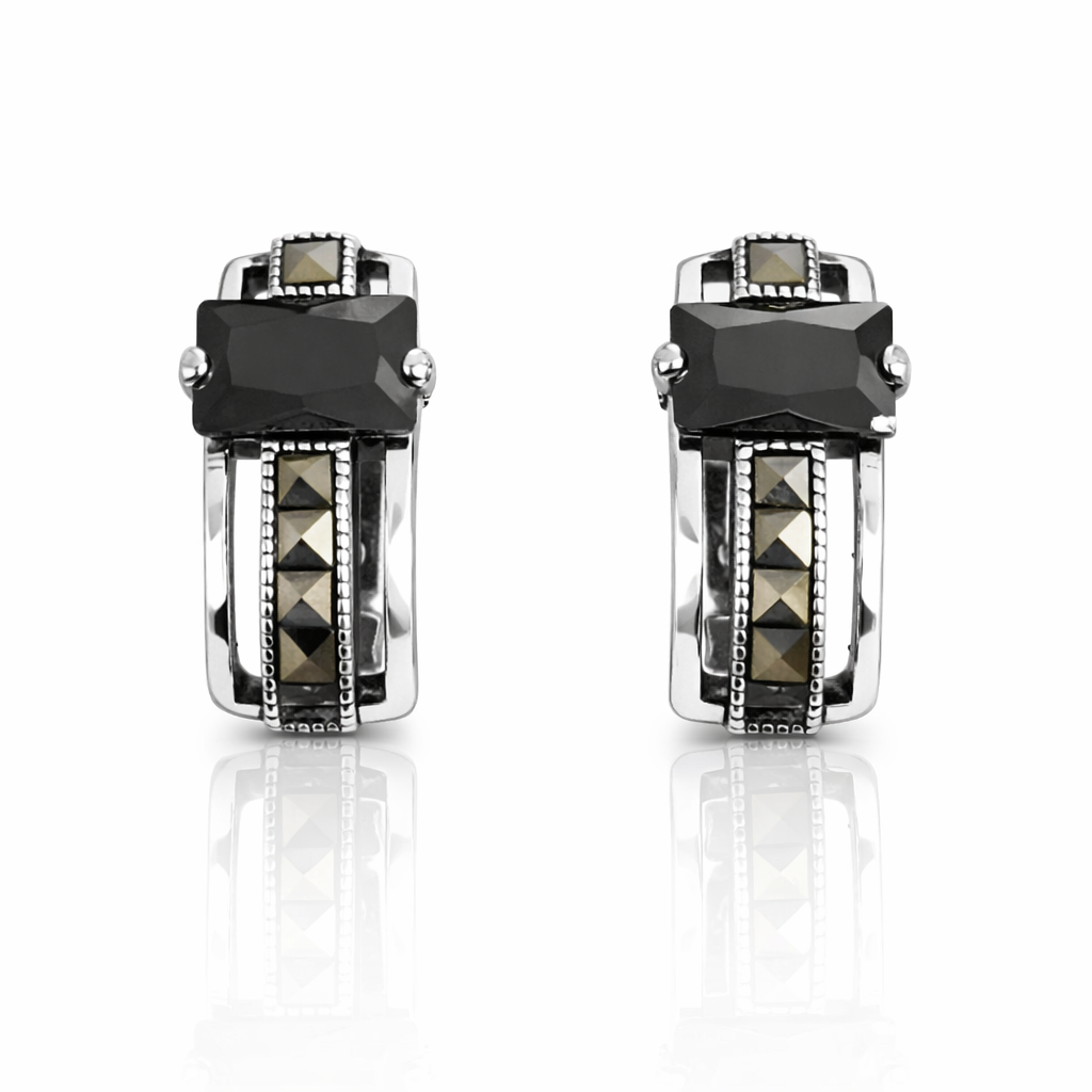 Cercei din Argint 925 cu Piatră Neagră și Marcasite Naturale – Design Elegant Vintage. CD567
