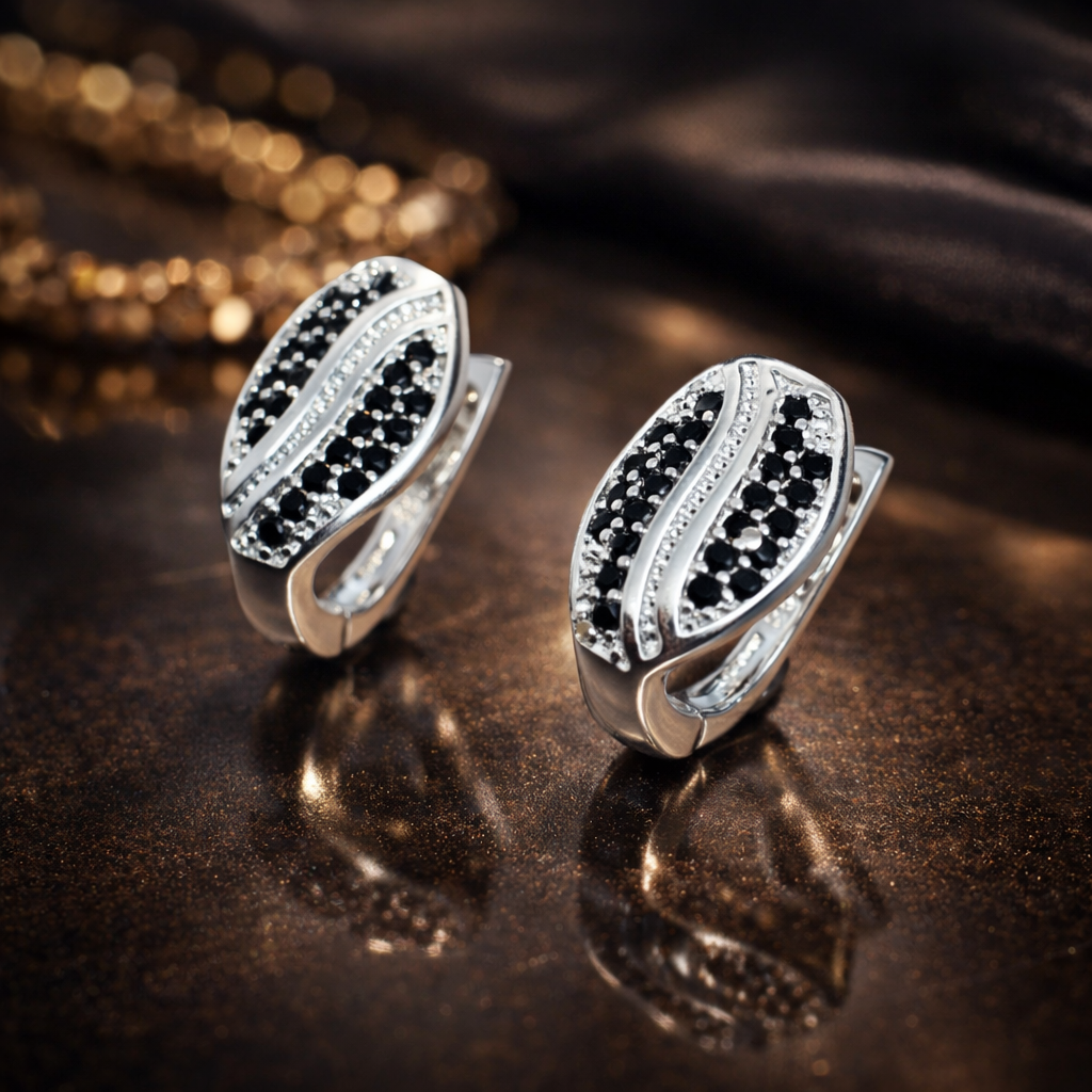 Cercei din Argint 925 cu Zirconii Negre – Model Elegant Tip Frunză 14x8 mm | Cercei Argint Dama Moderni, Cadou Premium. CD534
