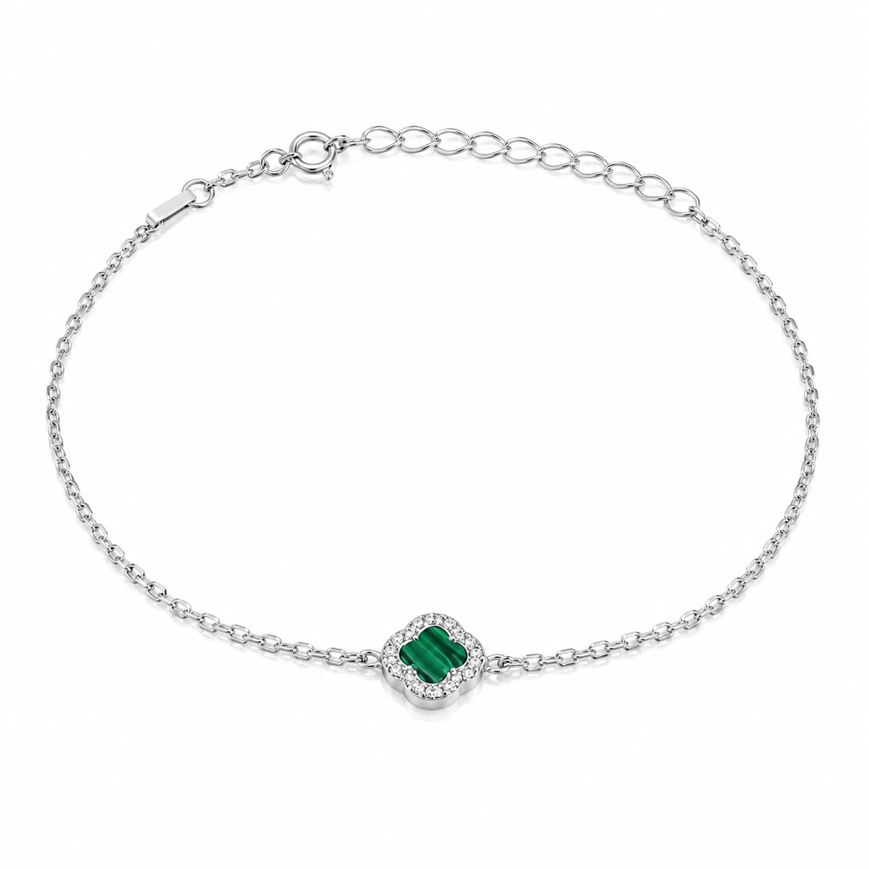 Brățară din Argint 925 Rodiat cu Malachit Verde Natural, Model Clover Luxury Tip Van Cleef, Ajustabilă 18+4 cm. BD320
