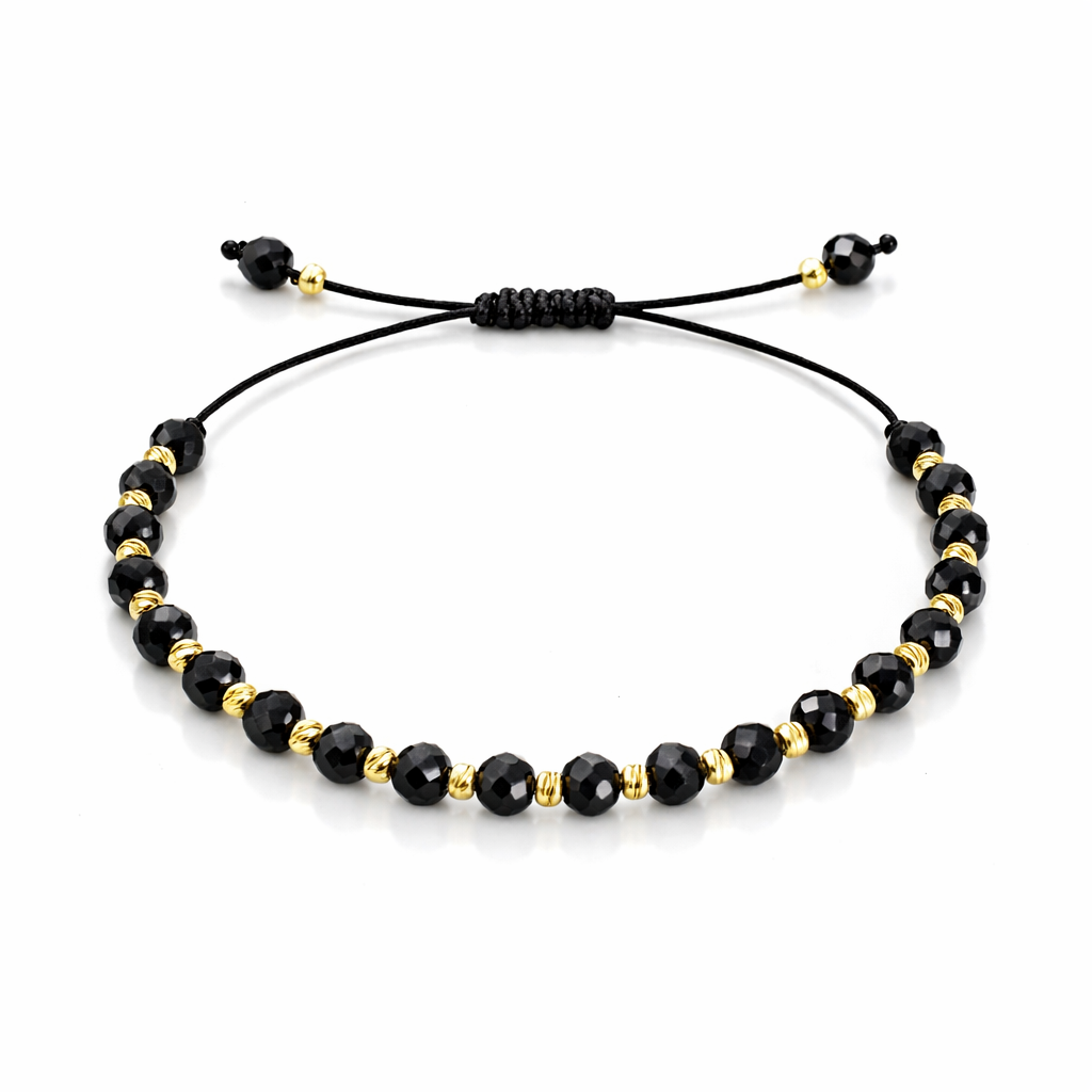 Brățară Unisex Handmade din Argint 925 Placat cu Aur, Biluțe Negre Fațetate, Lungime Ajustabilă. BS1