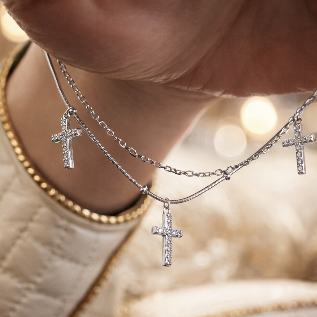 Brățară Dublă Argint 925 Rodiat „Trinity Shine” cu 3 Cruciulițe cu Zirconii – Elegantă și Reglabilă. BD213