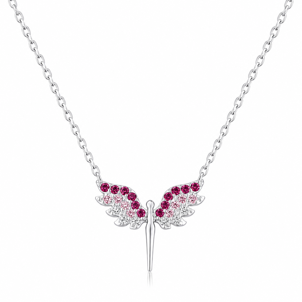 Colier Aripi Înger din Argint 925 cu Zirconii Roz și Cristale Albe – Pandantiv 13x10 mm, Elegant și Delicat, Lungime Ajustabilă 41+5 cm. C230