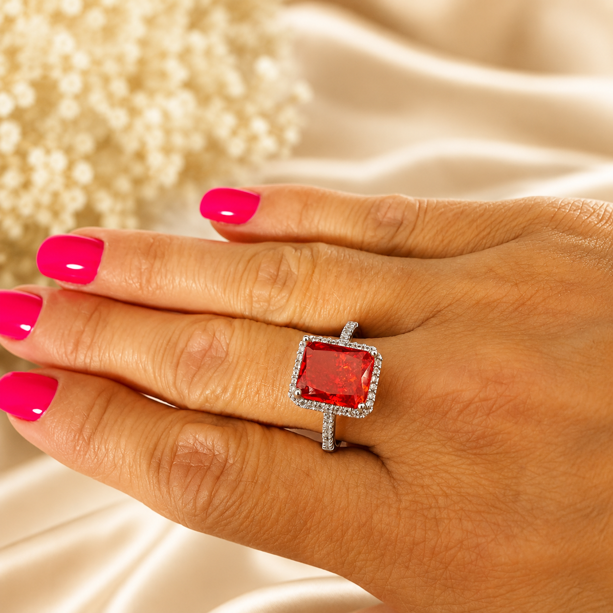 Inel din Argint 925 „Flacăra Regală” cu Zirconiu Roșu Rectangular 10x8 mm și Halo cu Zirconii – Eleganță Distinsă. ID537
