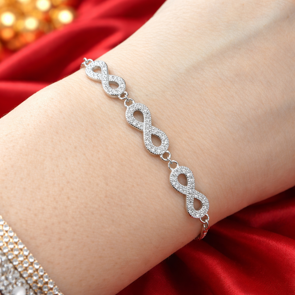 Brățară Argint 925 Rodiat cu Simboluri Infinit și Cristale – Reglabilă, Elegantă. BD389
