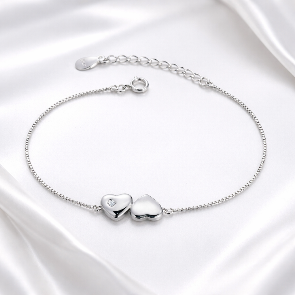 Brățară Argint 925 Rodiat cu Două Inimi – Simbolul Iubirii Infinite, Reglabilă 16+3 cm, Elegantă și Delicată. BD426