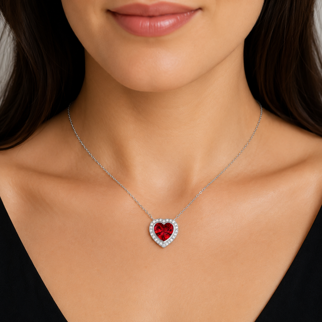 Colier din Argint 925 cu Pandantiv Inimă Roșie Zirconia, 12x11 mm, Lungime Ajustabilă 40+5 cm – Cadou Romantic Elegant pentru Femei. C229