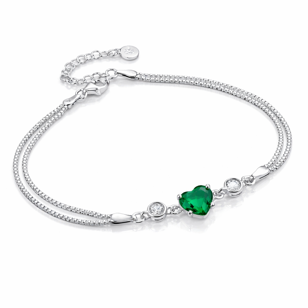 Brățară din Argint 925 cu Inimă Verde 8 mm și Zirconii – Reglabilă 17+3 cm, Model Elegant cu Lanț Dublu. BD412