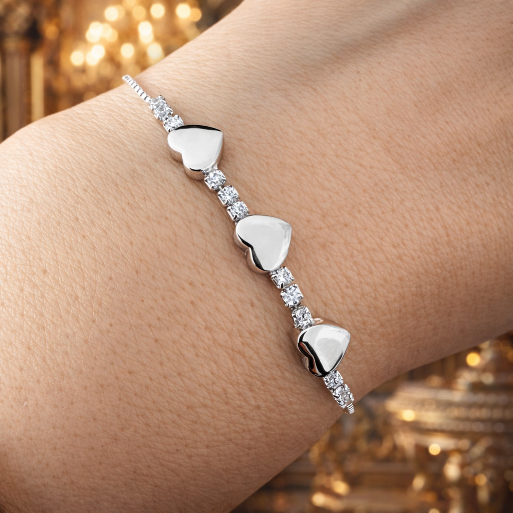 Brățară Argint 925 Rodiat cu Inimi și Zirconii – Elegantă, Reglabilă 16+3.5 cm, Cadou Premium. BD420