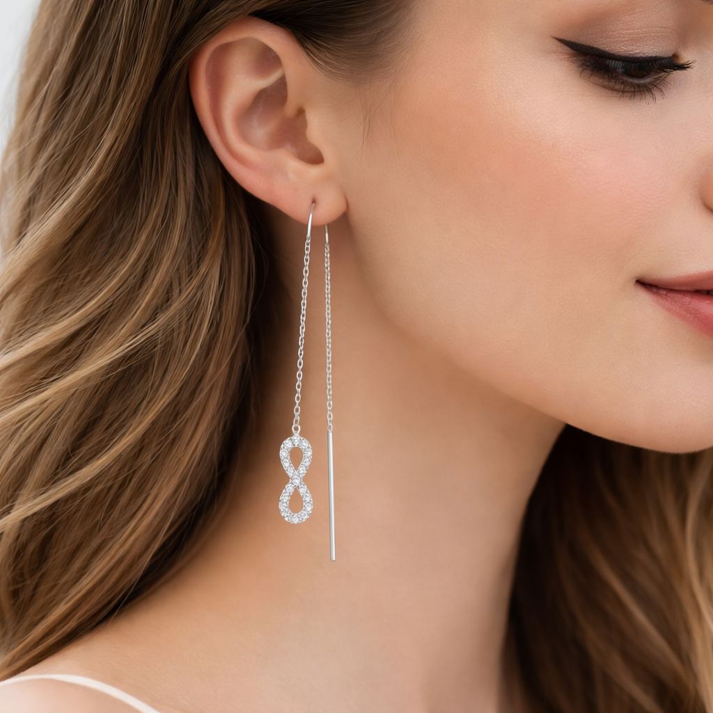 Cercei Lungi Tip Threader din Argint 925 cu Simbol Infinit și Zirconii – Eleganță Minimalistă Premium, 7.5 cm, Infinity Earrings Romania. CD567
