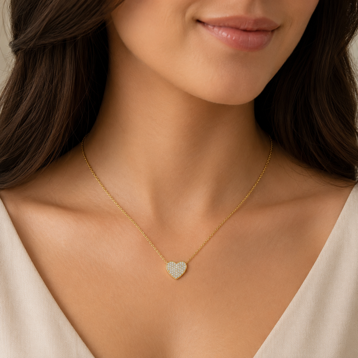 Colier Inimă din Argint 925 Placat cu Aur 14K cu Zirconii – Pandantiv 12 mm, Lănțișor Ajustabil 42+5 cm, Elegant și Romantic. C208