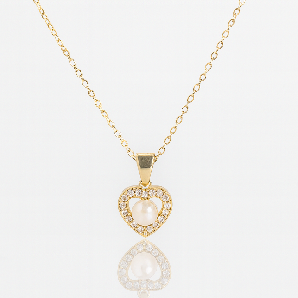 Colier din argint 925 placat cu aur 14K cu pandantiv inimă și perlă naturală, 
