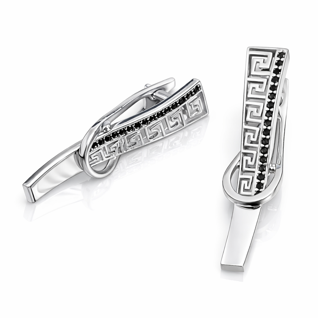 Cercei Argint 925 Rodiat „Helix Noir” – Design Grecesc cu Accente Negre, 3.3 cm. CD561