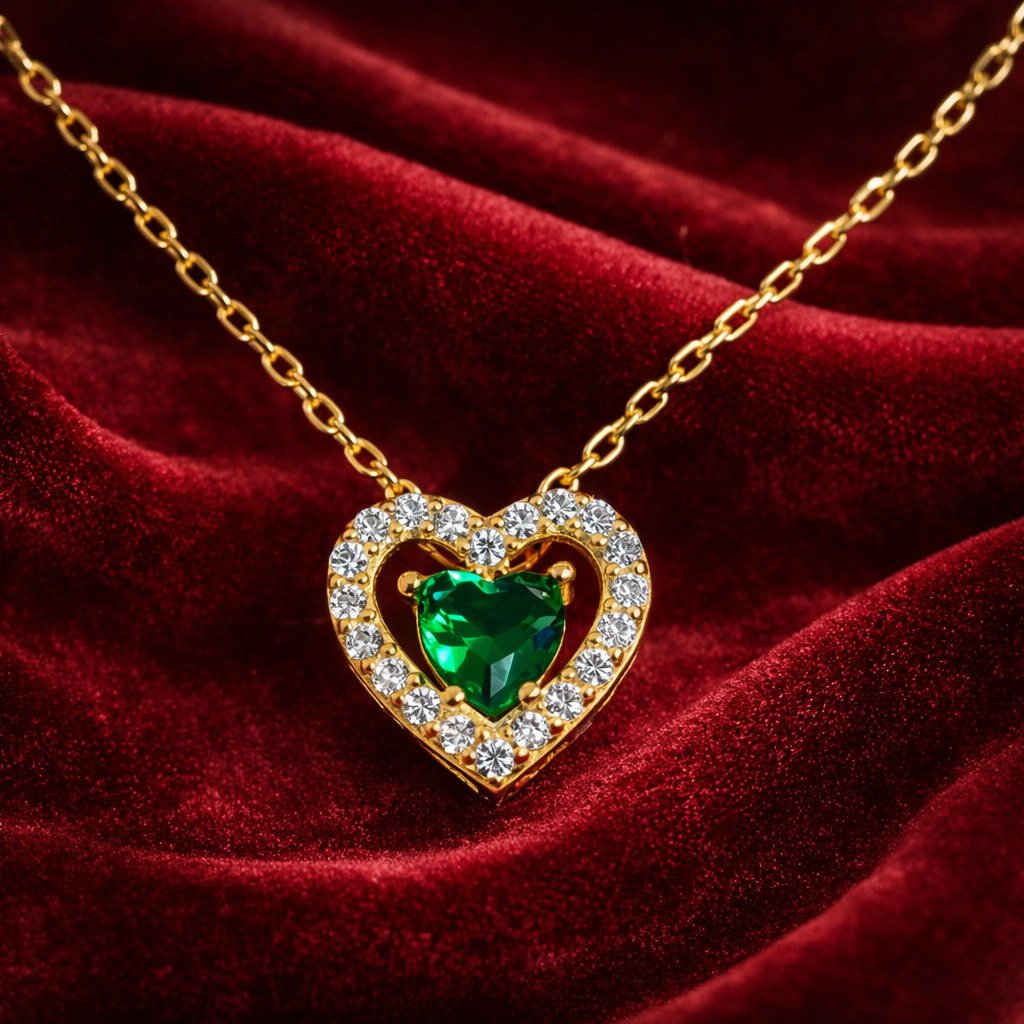 Colier Argint 925 Placat cu Aur 14K cu Pandantiv Inimă Verde 9 mm și Zirconii – Lănțișor Fin Reglabil 40+5 cm. C196