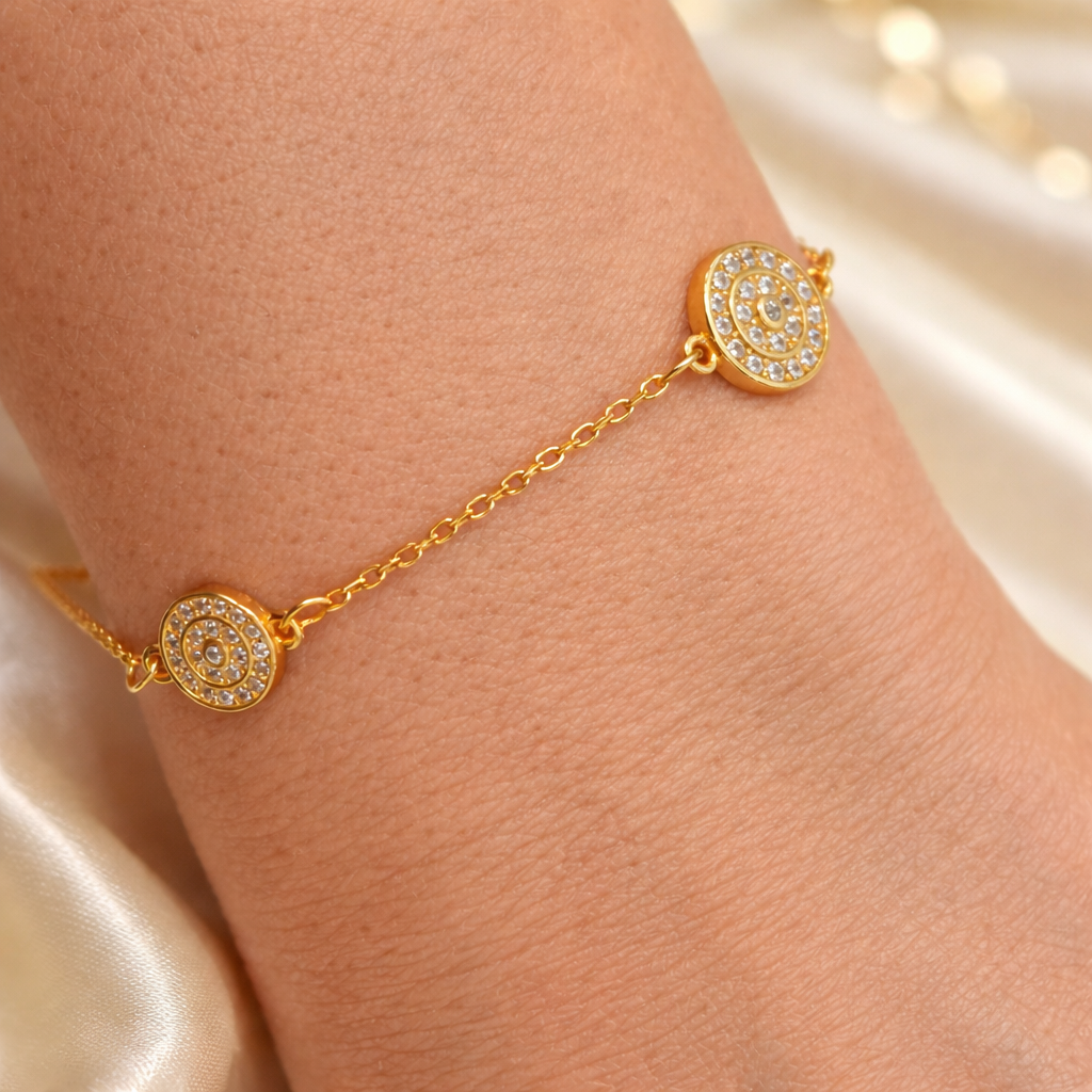 Brățară Elegantă Argint 925 Placată cu Aur 14K cu Zirconii – Model Cercuri Strălucitoare, Reglabilă 18+3 cm, 2.95g. BD399