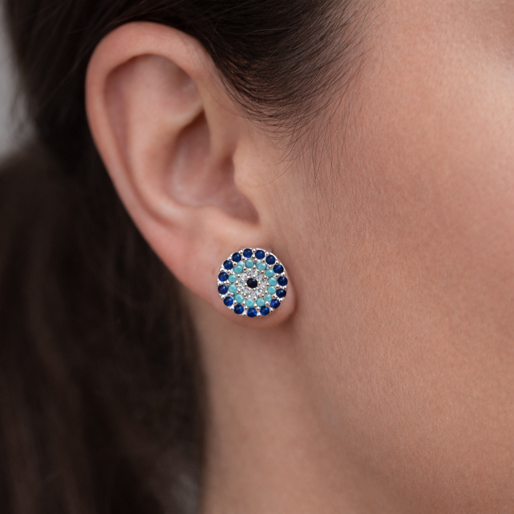 Cercei Argint 925 „Ochi Protector” cu Zirconii Albastre – 10 mm, Design Elegant, Prindere Șurub. CD213