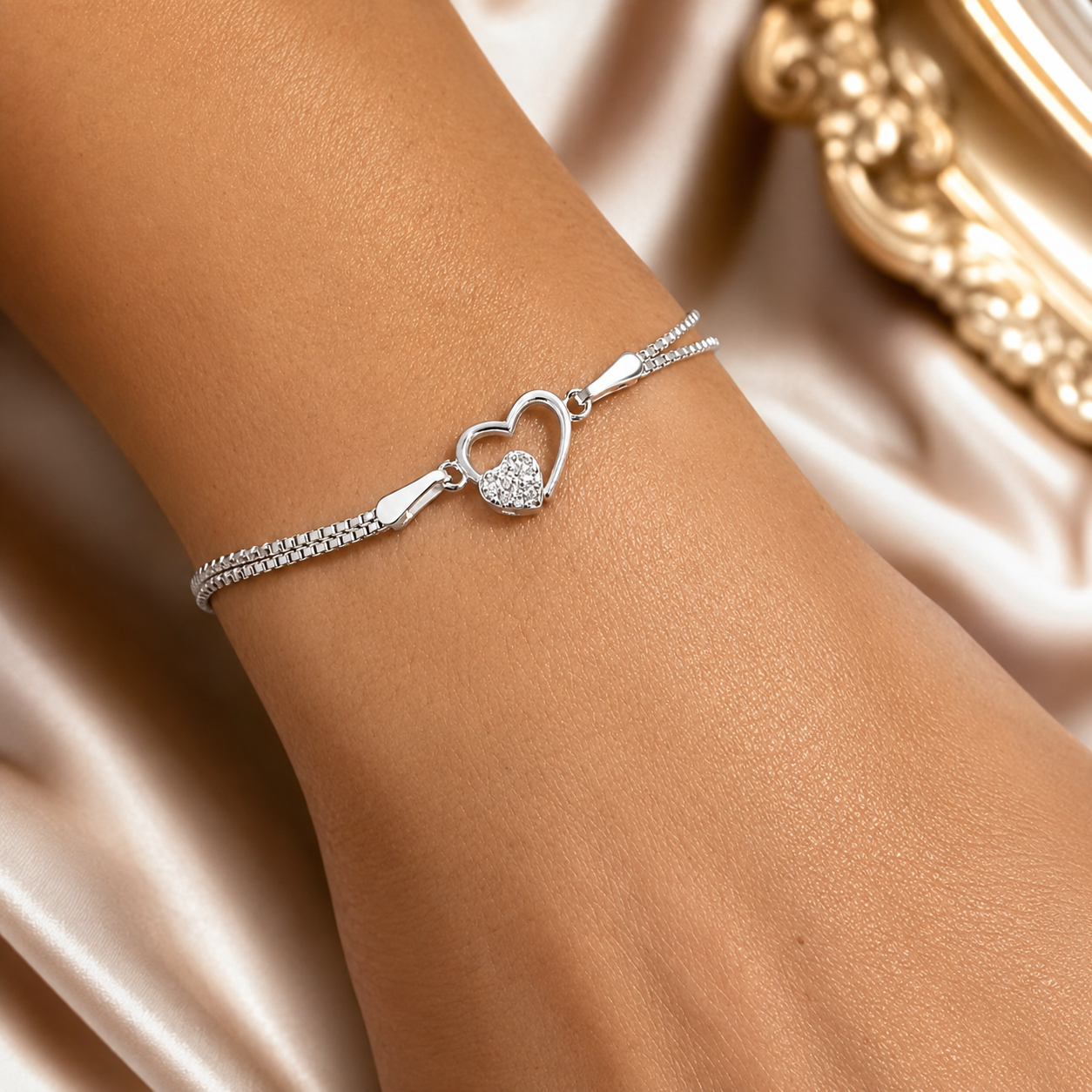 Brățară din Argint 925 „Inima Eternă” – Inimă Dublă cu Zirconii, Reglabilă 16+3 cm. BD445
