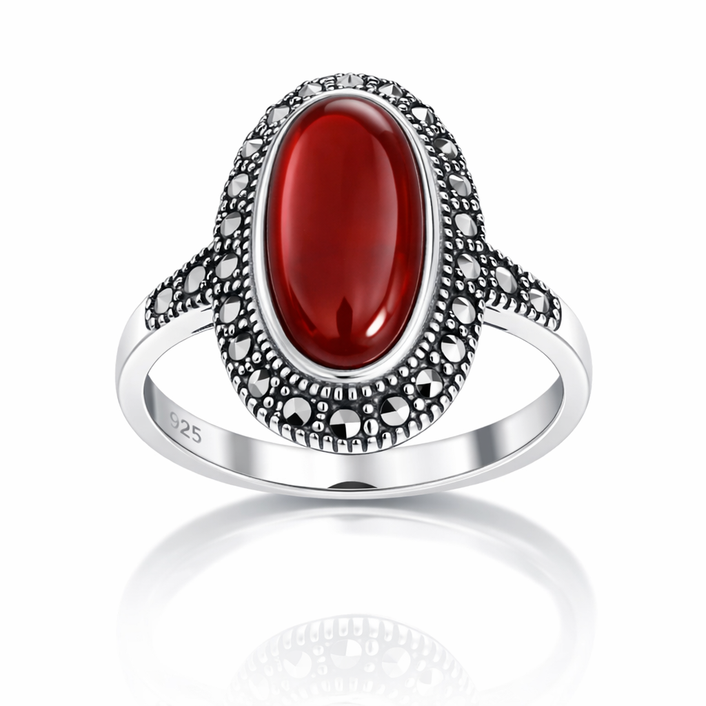 Inel Argint 925 cu Carneol Natural și Marcasite – Design Vintage Elegant, 4.9 g. ID503