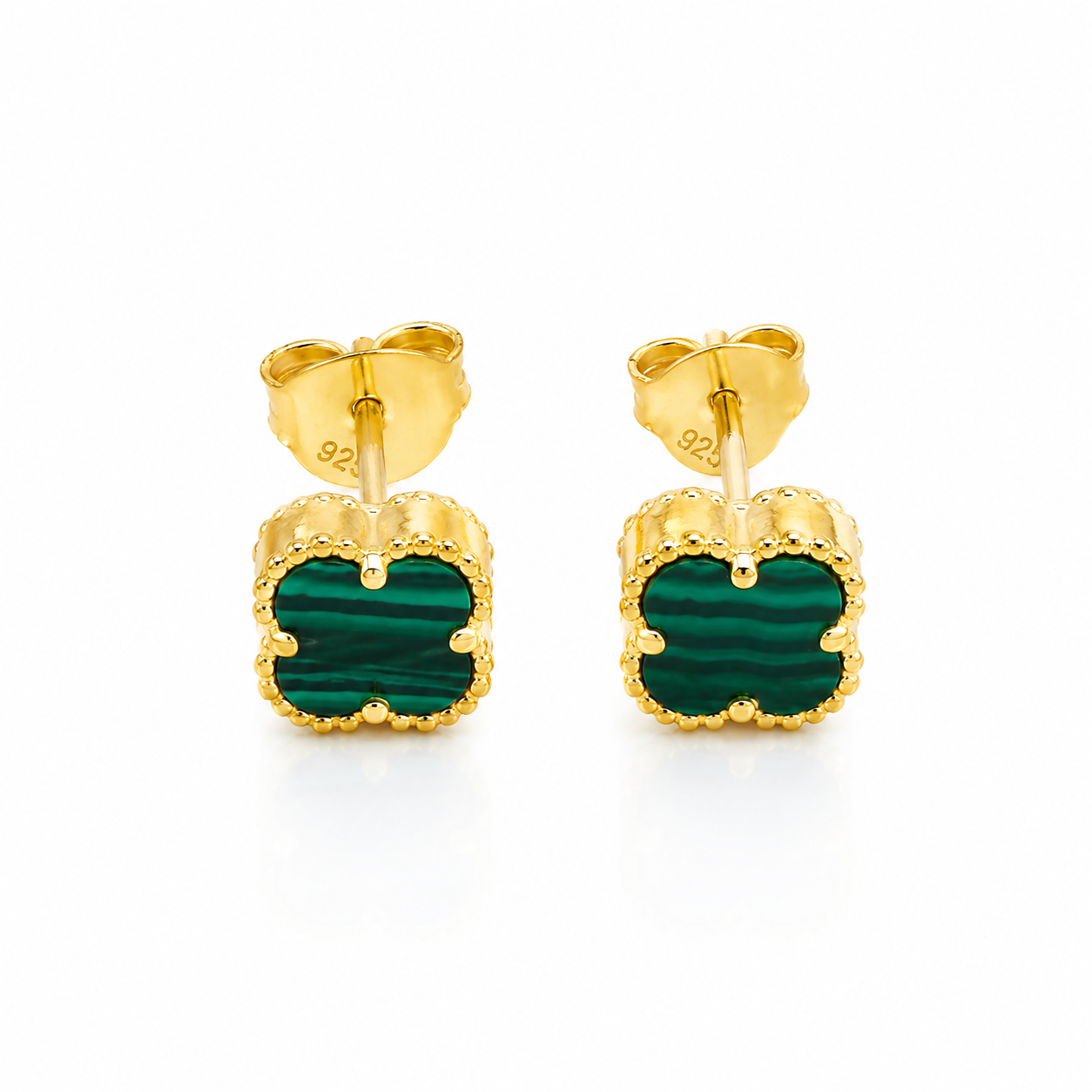 Cercei Delicate Clover din Argint 925 Placat cu Aur 14K și Malachit Verde Natural, Model Tip Van Cleef, 6 mm. C425