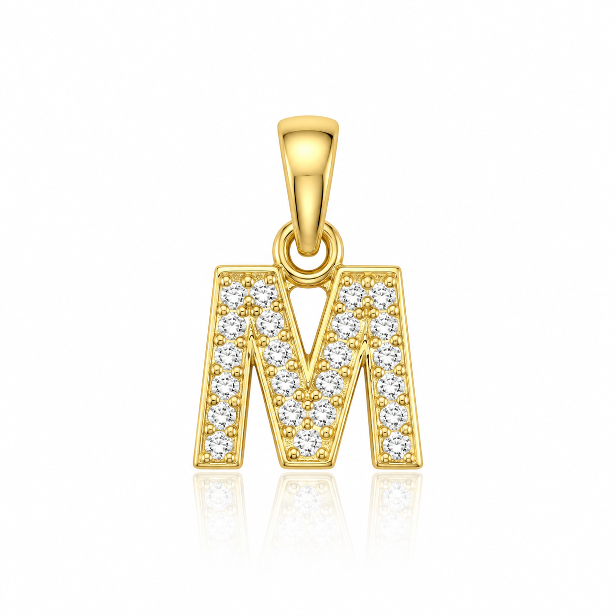 Pandantiv cu Inițiala M din Argint 925 Placat cu Aur 14K și Zirconii – Literă M, 1 cm, 0.76 g, Bijuterie Personalizată Elegantă P61