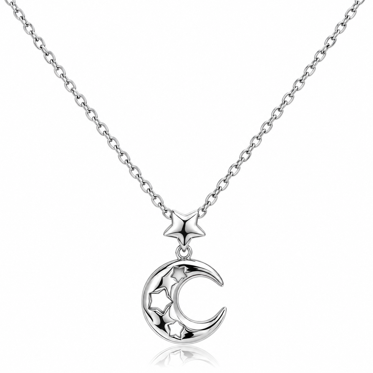 Colier „Luna de Argint” cu Stele – Argint 925, Pandantiv Semilună, 41 + 5 cm, Bijuterie Damă. C125