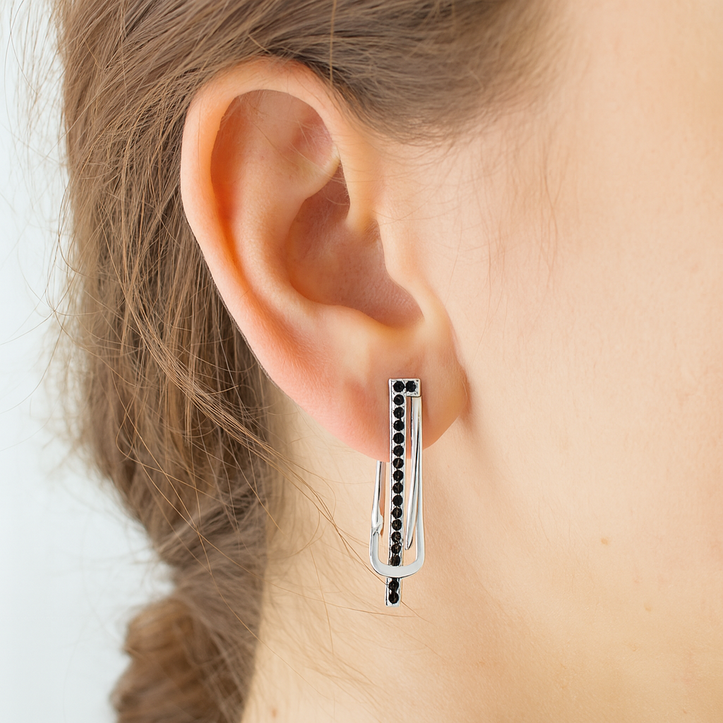 Cercei din argint 925 cu pietre negre, design modern geometric