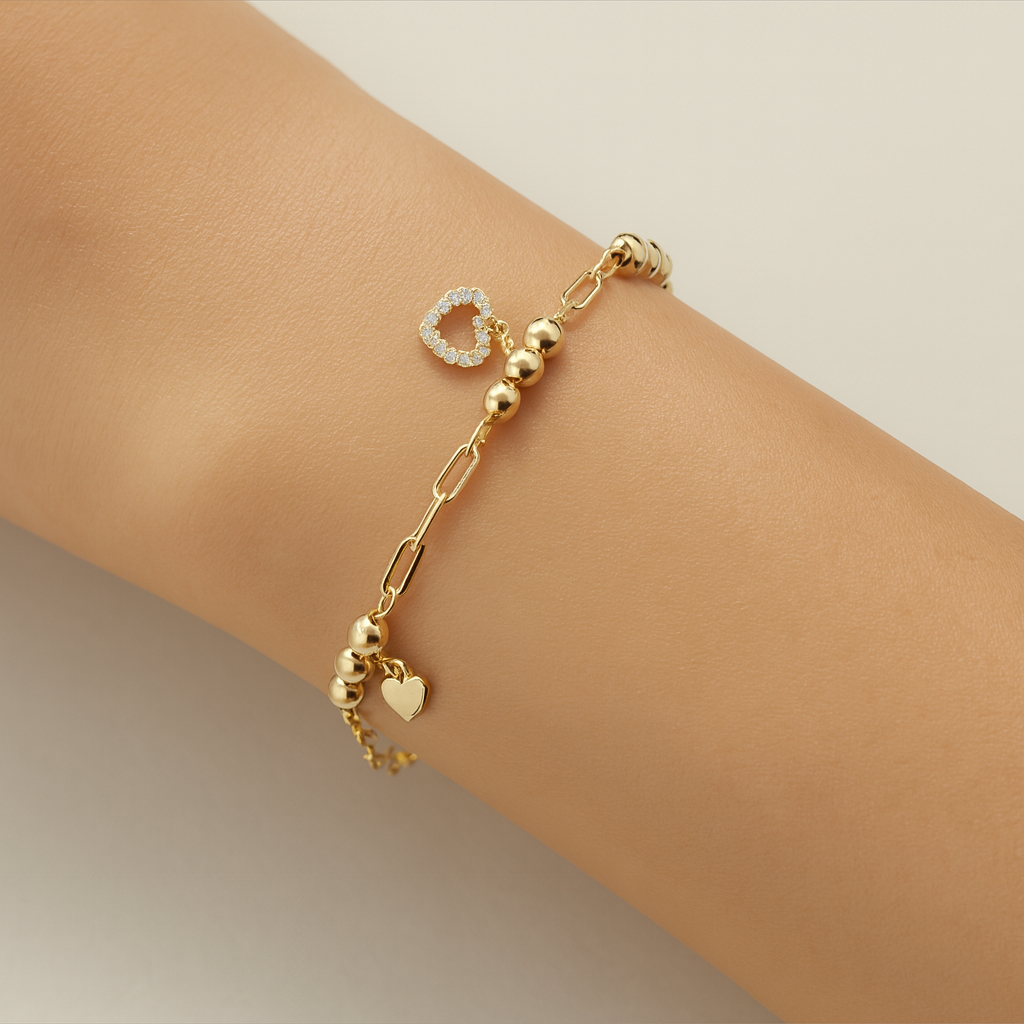Brățară din Argint 925 Placată cu Aur 14K, Design Inimioare