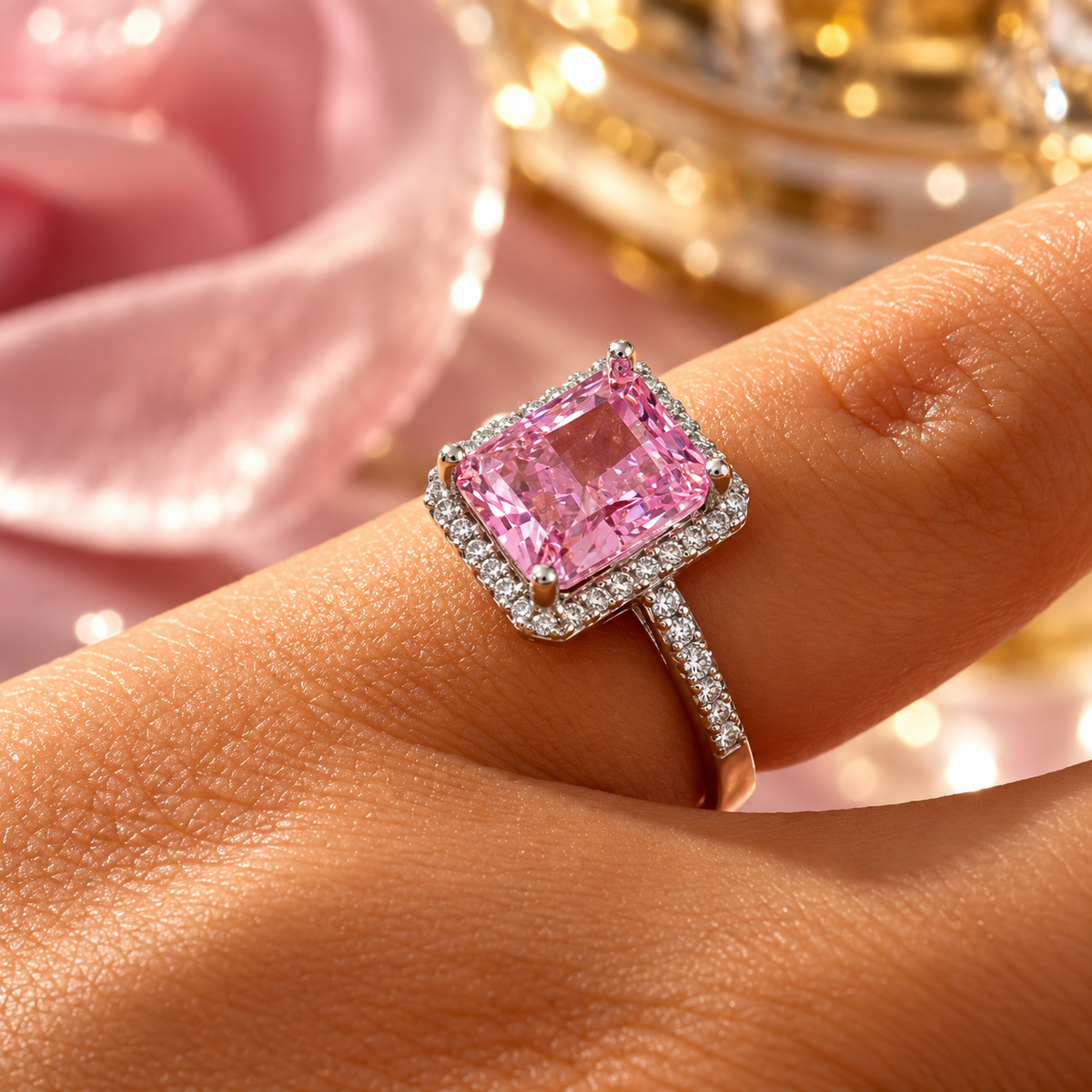 Inel Damă din Argint 925 „Rose Éclat” – Piatră Roz Dreptunghiulară de 10 mm, Înconjurată de Pietre Strălucitoare, 4,39 gr. ID588