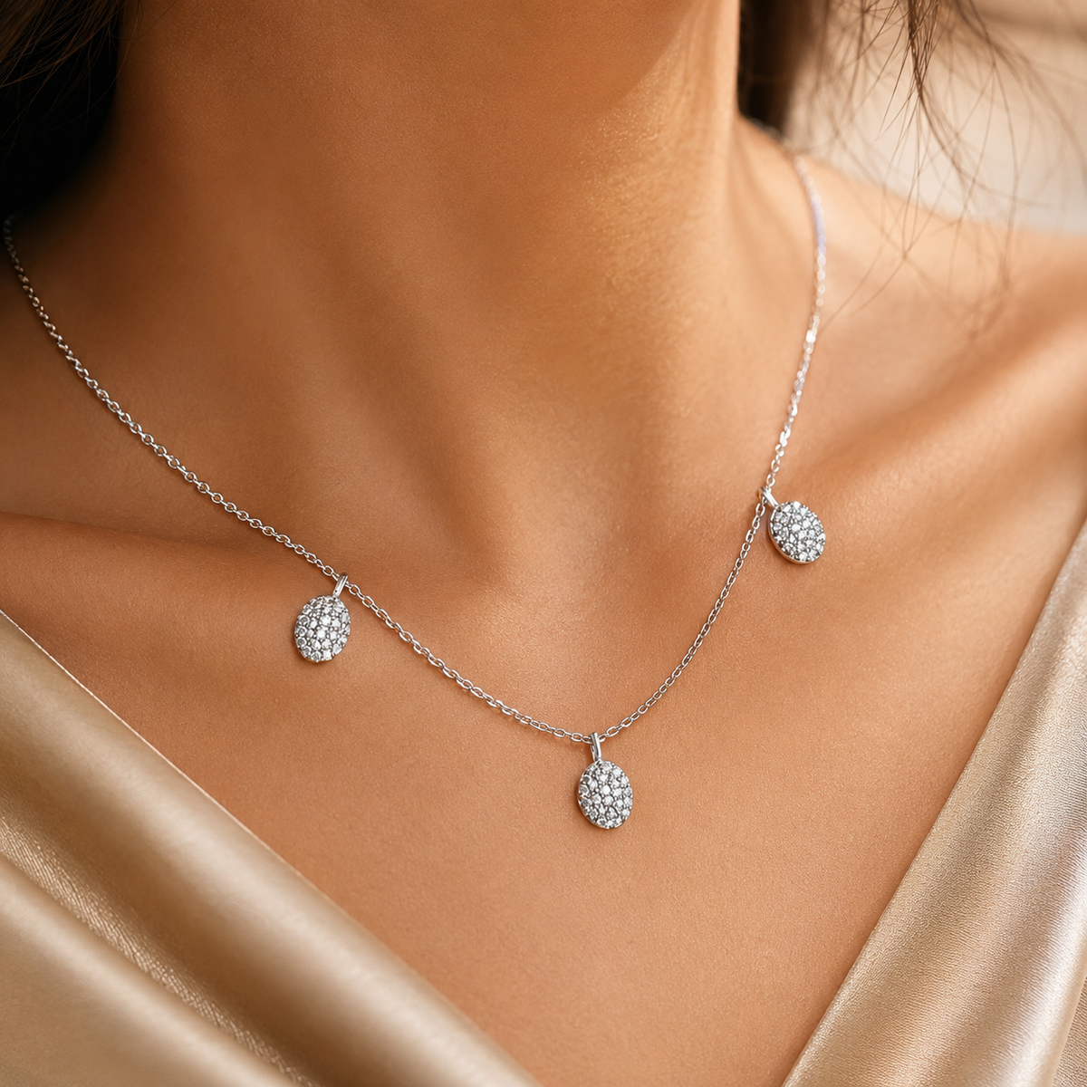 Colier Damă din Argint 925 „Luna de Cristal” cu Trei Medalioane Strălucitoare. C109