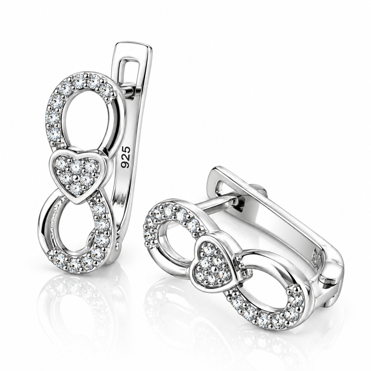 Cercei din Argint 925 Infinity Love – Simbolul Iubirii Infinite, cu Inimioară și Pietre Strălucitoare, 1,5 cm. CD328