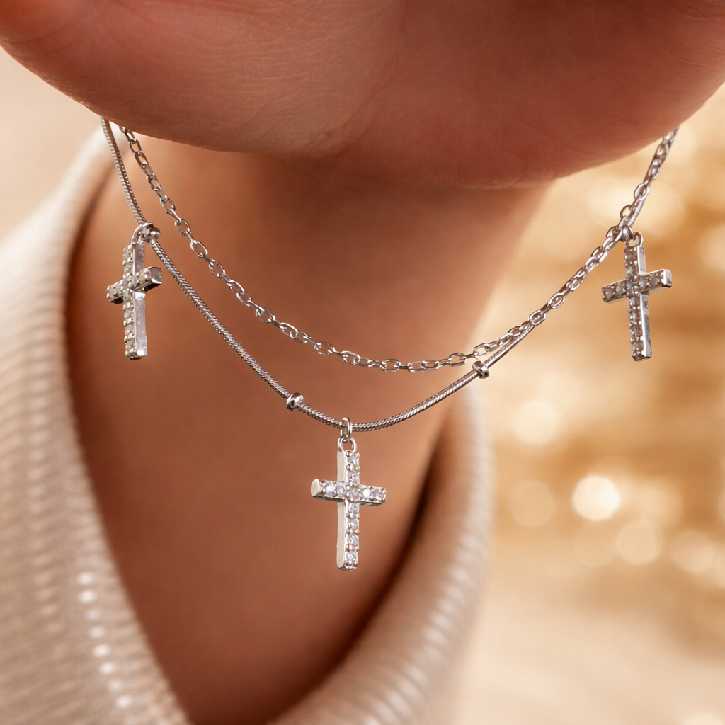 Brățară Dublă Argint 925 Rodiat „Trinity Shine” cu 3 Cruciulițe cu Zirconii – Elegantă și Reglabilă. BD213