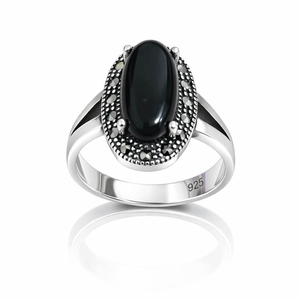 Inel Argint 925 cu Onyx Negru Oval și Marcasite – Design Elegant Vintage, Piatra 14x7 mm. ID513