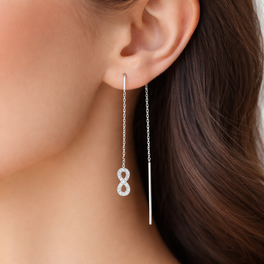 Cercei Lungi Tip Threader din Argint 925 cu Simbol Infinit și Zirconii – Eleganță Minimalistă Premium, 7.5 cm, Infinity Earrings Romania. CD567