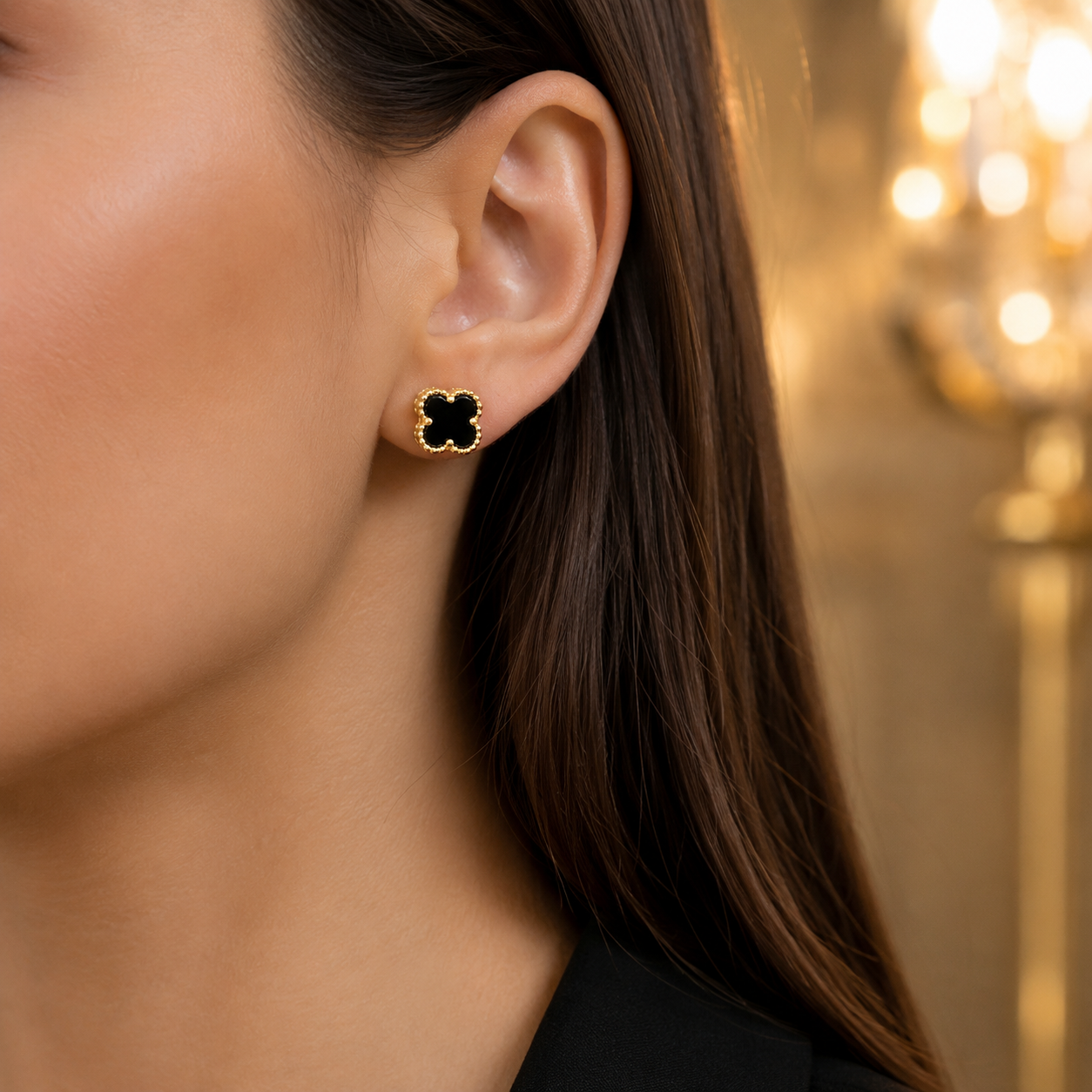Cercei din Argint 925 Placați cu Aur 14K, Tip Van Cleef, Trifoi Negru – Eleganță Clasică și Noroc în Fiecare Detaliu. CD286